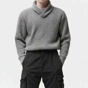 Express Gray Shawl Collar Sweater Men’s XL Ribbed Knit Gorpcore Cyber Y2K